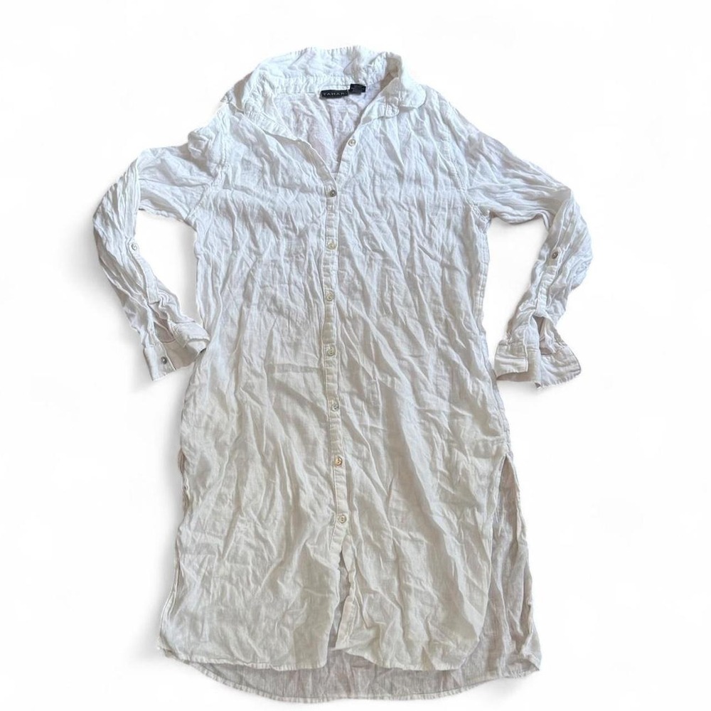 Tahari White Linen Button Down Shirt Dress Coverup Side Slits Mens Size M